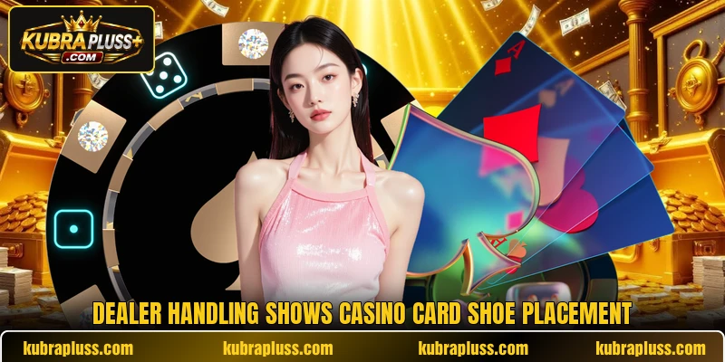 Dealer handling shows casino card shoe placement